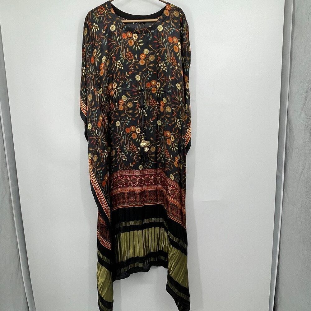 Soch Womens Black Satin Kalamkari Print Kaftan with Tasselled Waist Tie-Up Sz L/